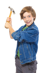 lunatic teenage boy holding a hammer ready to hit, isolated on w