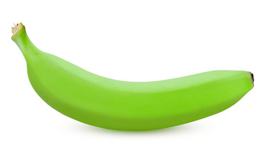 Single green banana isolated on white with clipping path
