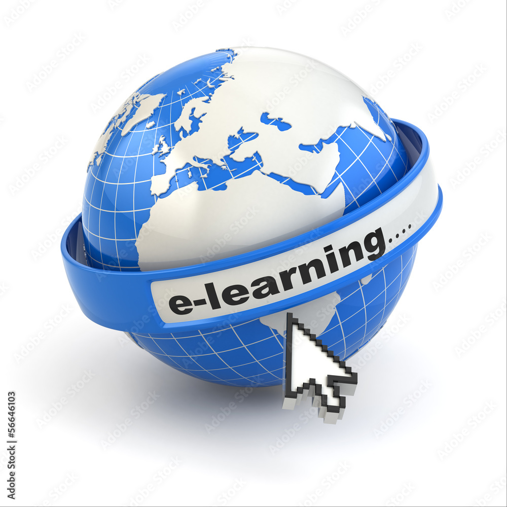 Poster E-learning. Earth and mouse cursor on white background.
