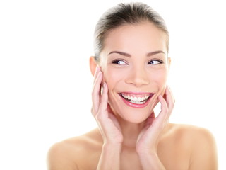 Beauty skin care woman looking to side happy