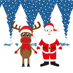Christmas reindeer and Santa Claus in a snowy forest