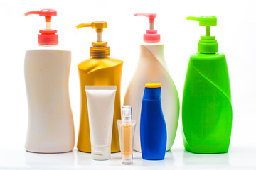 Composition with plastic bottles of body care and beauty product