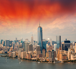 Fototapeta premium Aerial view of Lower Manhattan and Battery Park on a summer afte