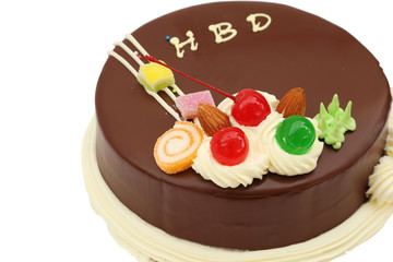 happy birthday chocolate cake on white
