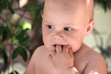 Closeup outdoor portrait of little baby girl sucking fingers