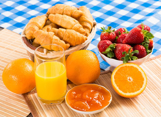 early breakfast, juice, croissants and jam