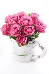 Bouquet of beautiful pink roses on white background.