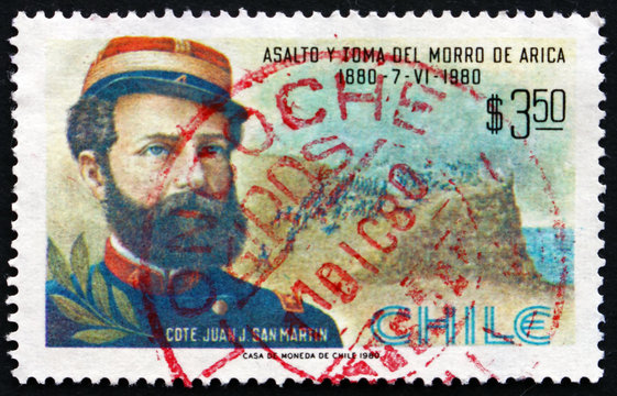 Postage stamp Chile 1980 Commander Juan San Martin, Battle Scene
