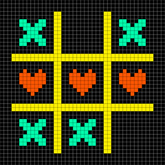 8-bit Pixel Art Tic Tac Toe With Kisses and Love Heart Symbols