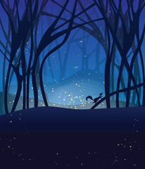 Night magic scene with fireflies and running squirrel.