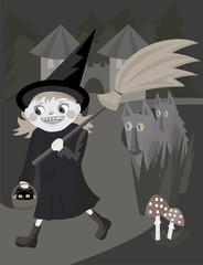 cartoon funny young witch walking with broomstick