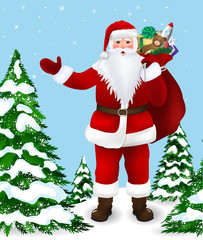 Santa Claus in the forest with a bag of gifts