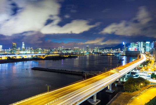 Hong Kong city with highway at night