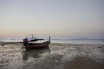 Naklejka na ściany i meble Boat on mudflats at dawn