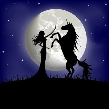 Silhouette of beautiful girl and unicorn on a background of moon