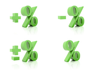 Set of 3D Percent. Plus, minus. Green on white background.