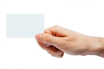 Obraz premium Hand holding retail or credit card. Isolated on white