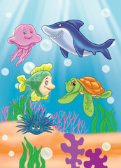 Fototapeta premium scene under the sea. sea animals and fish