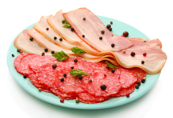 tasty bacon and sausage with spices on plate, isolated on white