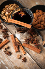 hot mulled wine, spices and nuts