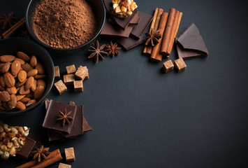 chocolate, nuts, sweets, spices and brown sugar