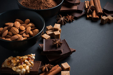 chocolate, nuts, sweets, spices and brown sugar
