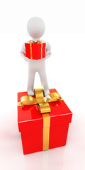 3d man and red gifts with gold ribbon