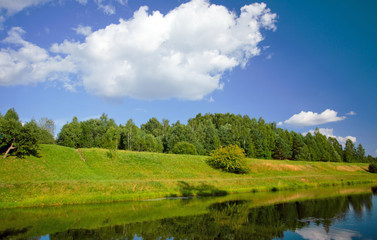 Summer landscape with a river and grass on the coast