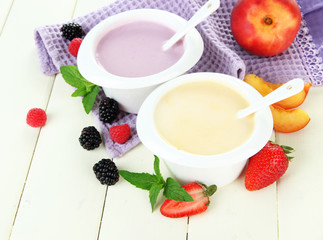 Delicious yogurt with fruit and berries on table close-up