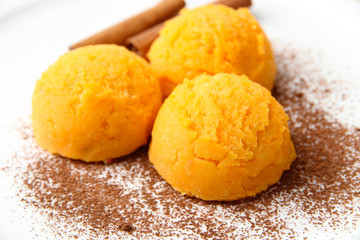 Delicious ice cream on plate close-up