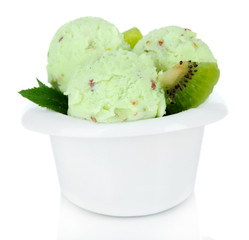 Tasty ice cream scoops in bowl, isolated on white