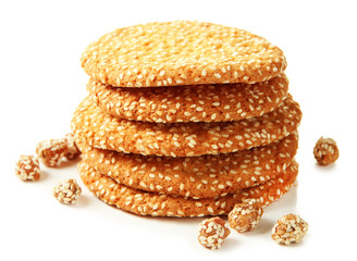 Homemade cookies with sesame seeds, isolated on white