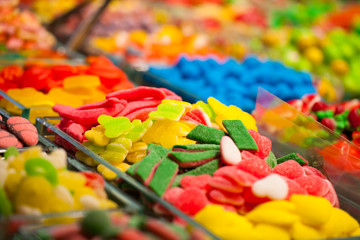 Market stall full of candys in La Boqueria Market.Barcelona
