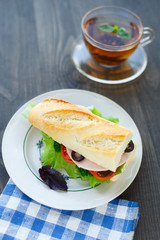 Baguettes filled with ham and vegetables