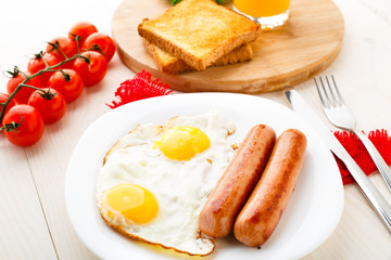 Fried eggs with sausages.
