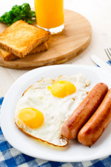 Fried eggs with sausages.