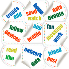 Social media concept stickers in word tag cloud