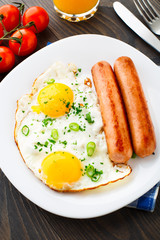 Fried eggs with sausages.