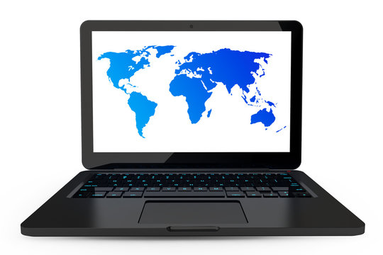 Laptop with high detailed World map on screen