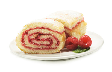 Sweet roll cake with raspberry jam and berries, isolated on a wh