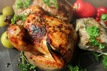 Roasted whole chicken, fillet, meatloaf