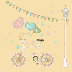 Cute card with balloons and bicycle for valentine's day.