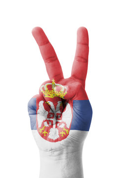 Hand Making The V Sign, Serbia Flag Painted