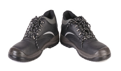 Black man's boots with gray bar.