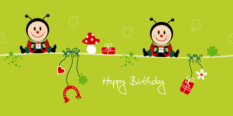 2 Ladybeetles & Symbols Green Birthday Card