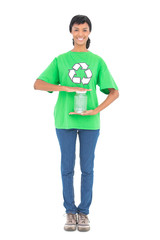 Cheerful black haired ecologist holding a jar