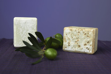 Handmade olive soap with olive branch.