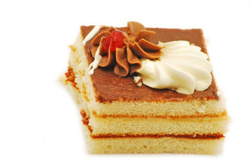 Cookie with chocolate and vanilla cream on white background