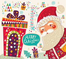 Cartoon funny Santa Claus with presents