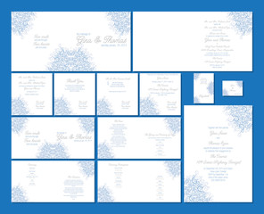 Blue Swirl wedding stationery set in vector format.